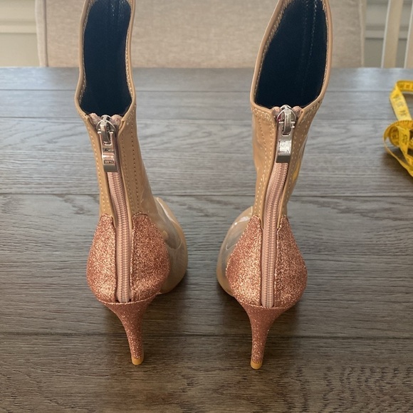 NWT BURJU Tan Patent Leather Pointed Toe Rose Gold Sparkly Heel Booties - Picture 6 of 12